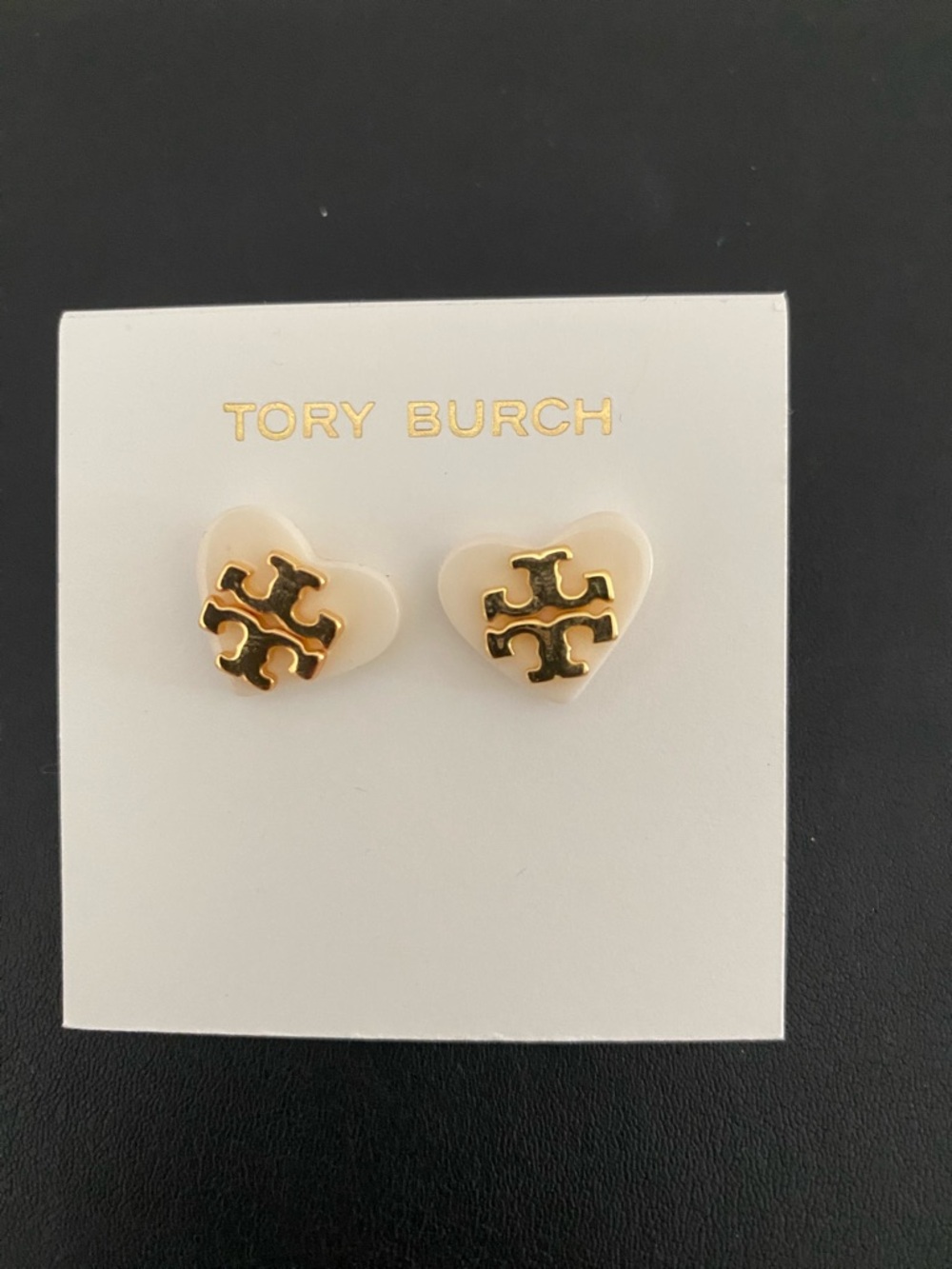 Tory Burch Cream Heart Stud Earrings with Gold Logo